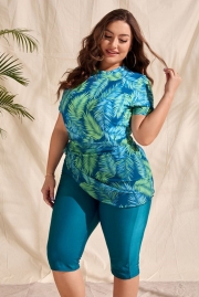 Swim Classy Plus Tropical Print Tankini Set Short Sleeve Swim Shirt & Shorts & Cover Up Skirt 3 Piece Bathing Suit