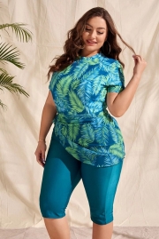 Swim Classy Plus Tropical Print Tankini Set Short Sleeve Swim Shirt & Shorts & Cover Up Skirt 3 Piece Bathing Suit