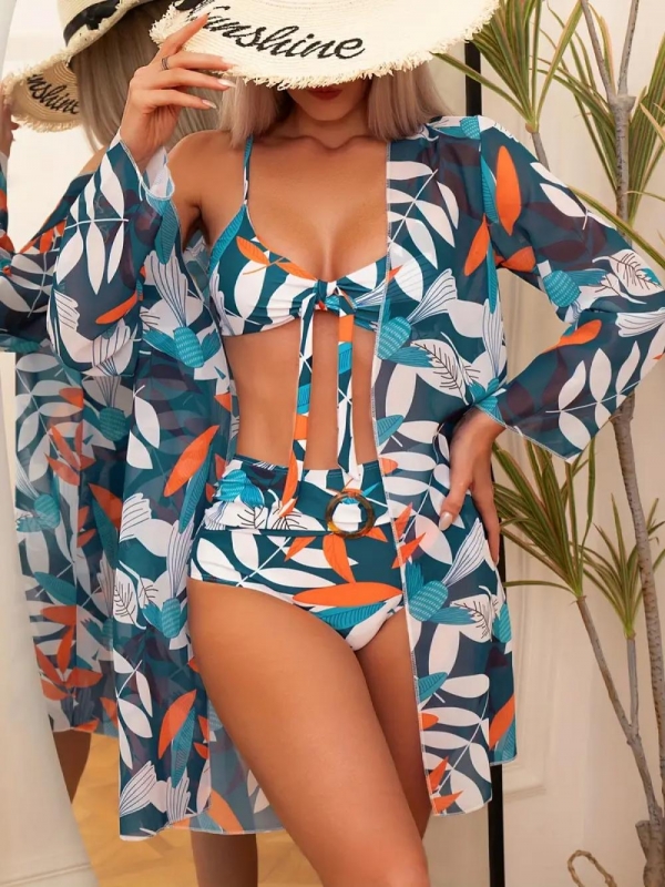 3-piece Colorful Tropical Print Bikini Sets