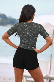 Floral Round Neck Short Sleeves Zipper Back Side Drawstring Tankini Set