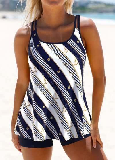 Striped Navy Double Straps Tankini Set