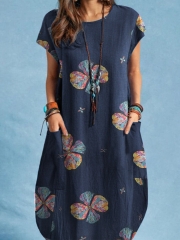 Plant Print Pocket Short Sleeve Casual Midi Dress