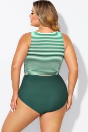 Plus Size Green Stripe Knotted Crop Bikini Top