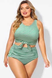 Plus Size Green Stripe Knotted Crop Bikini Top