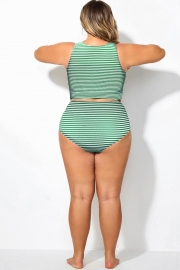 Green Striped Elegant High Waist Swim Brief