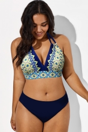 Floral Print V-Neck Halter Sexy Bikini Top