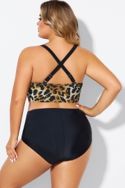 Plus Size V-Neck Leopard Print Crossback Bikini Top