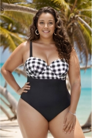 Lady Plaid Print Underwire One Piece Swimsuit