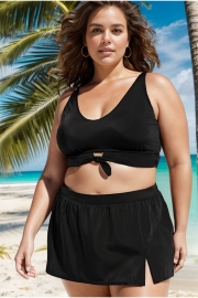 Plus Size Solid Black Knotted Crop Bikini Top