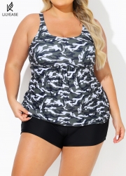 Plus Size Camo Scoop Neck Adjustable Straps Women Tankini Set