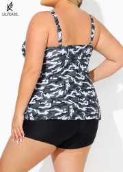 Plus Size Camo Scoop Neck Adjustable Straps Women Tankini Set