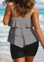 Striped Layered Pullover Style Casual Tankini Top
