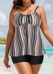 Plus Size Vintage Geometric Print Drawstring Tankini Top