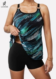 Circular Ring Double Straps Mid Waist Green Casual Tankini Set
