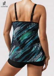 Circular Ring Double Straps Mid Waist Green Casual Tankini Set