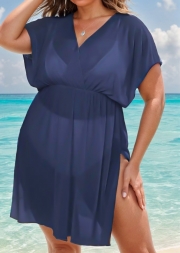 Purplish Blue V Neck Semi-Sheer Split Boho Style Cover Up
