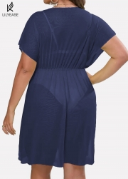 Purplish Blue V Neck Semi-Sheer Split Boho Style Cover Up