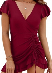 Burgundy V Neck Petal Sleeve Vintage Drawstring One Piece Swimsuit