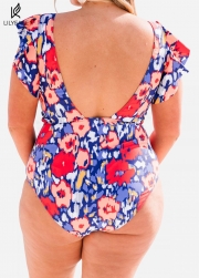 Stylish Floral Print Ruffle Sleeves Backless One Piece Swimsuit
