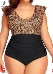 Leopard Print Ruffled Vintage One Piece Swimsuit