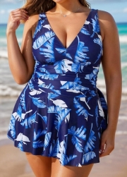 Blue Plant Print Ruched Wide Strap Fashionable One Piece Swimdress