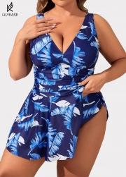 Blue Plant Print Ruched Wide Strap Fashionable One Piece Swimdress