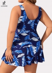 Blue Plant Print Ruched Wide Strap Fashionable One Piece Swimdress