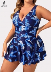 Blue Plant Print Ruched Wide Strap Fashionable One Piece Swimdress