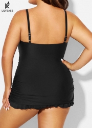 Solid Black  Ruched Twisted Front Sexy One Piece Swimdress