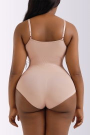 Beige Adjustable Snap Button Scoop Neck Bodysuit