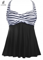Classic Modest Black Stripe Twist Front Tankini Top